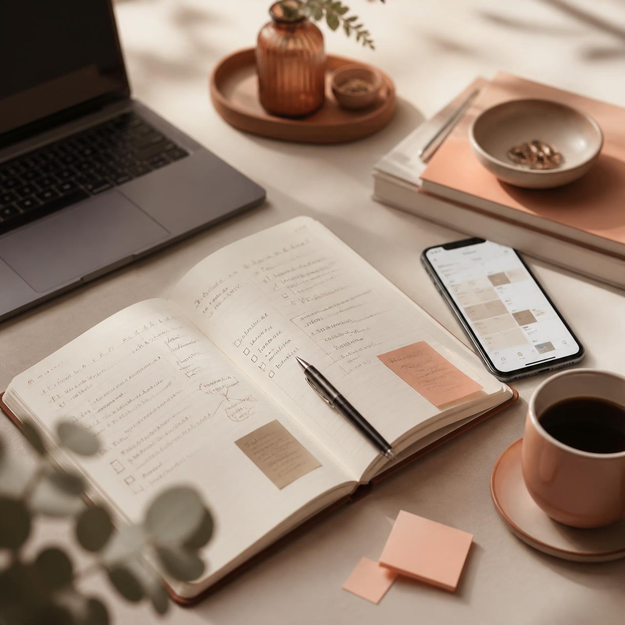 Caderno com planejamento de marketing, celular com calendário de conteúdo e materiais de trabalho sobre uma mesa clara